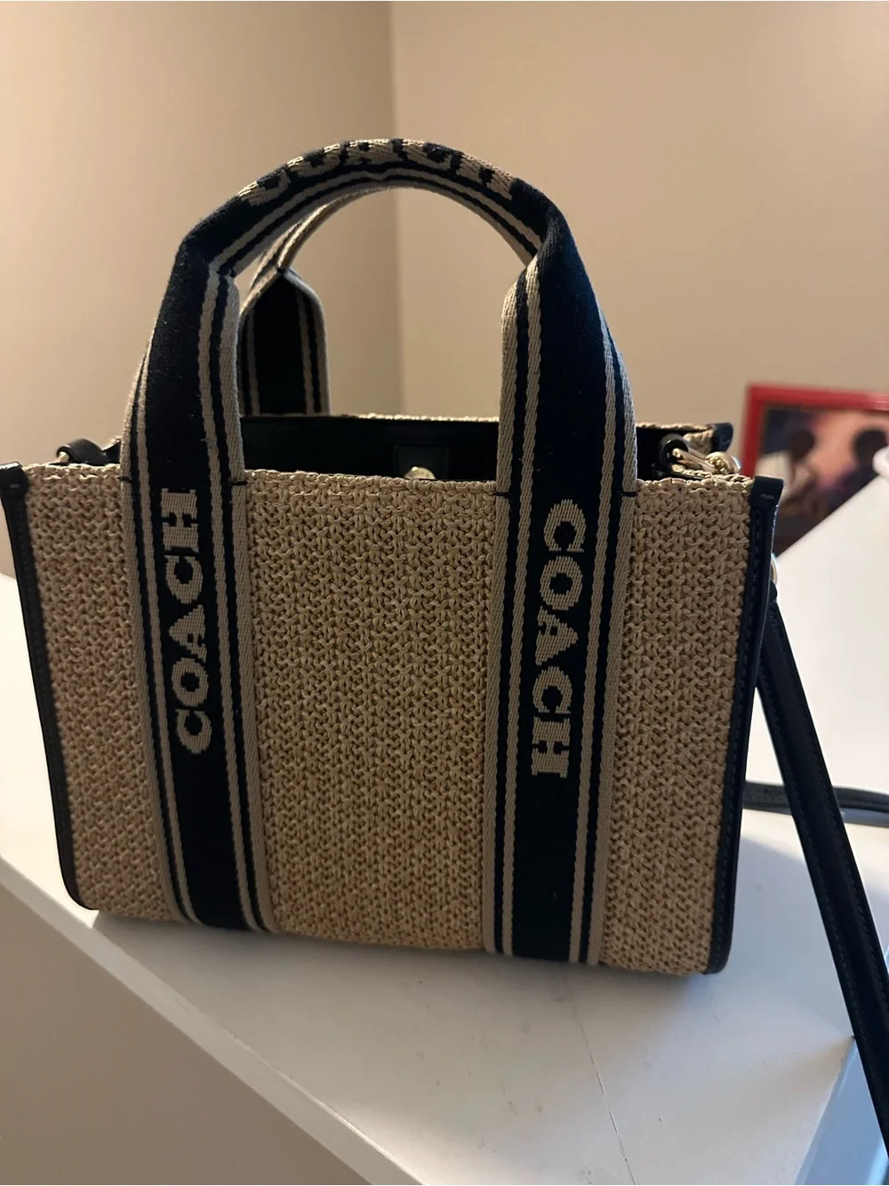 COACH Natural Straw Tote with Black Trim and Logo Webbing